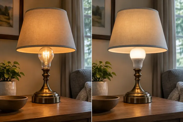 Gegenüberstellung: links Glühbirne, rechts LED-Lampe
