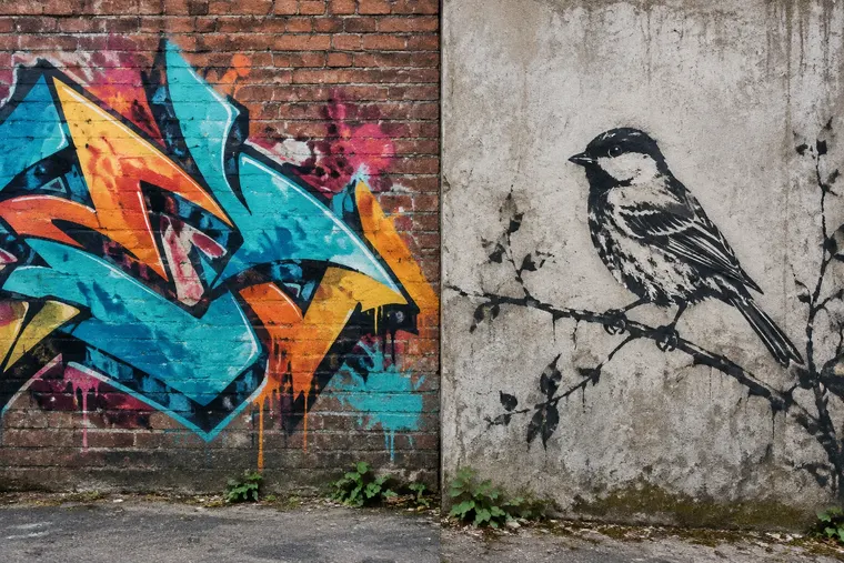 Gegenüberstellung: links Graffiti, rechts Streetart