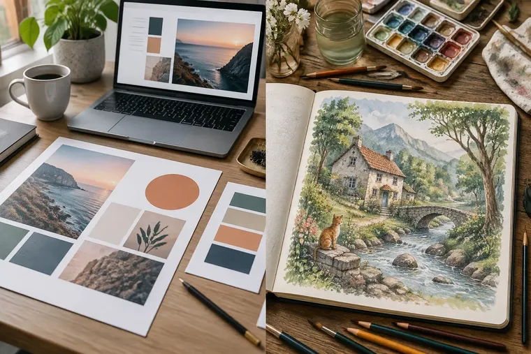 Gegenüberstellung: links Grafikdesign, rechts Illustration