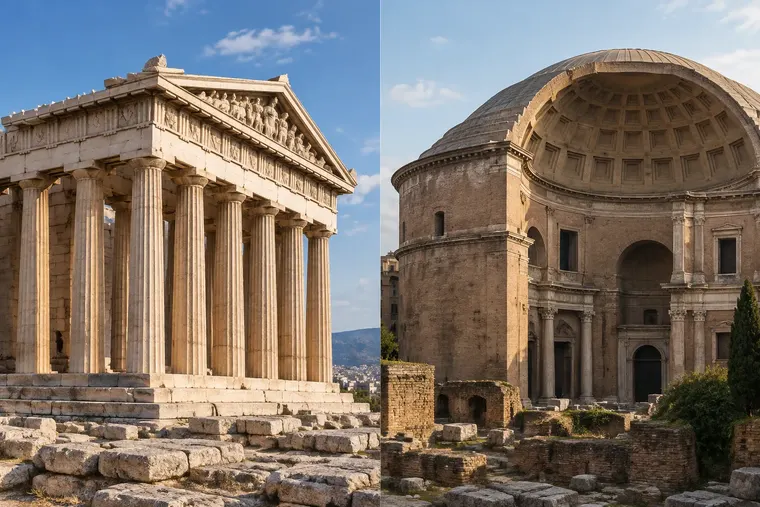 Gegenüberstellung: links griechische Architektur, rechts römische Architektur
