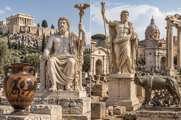 Gegenüberstellung: links griechische Mythologie, rechts römische Mythologie