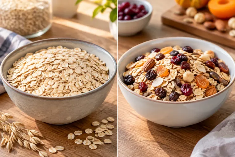Gegenüberstellung: links Haferflocke, rechts Müsli