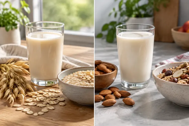Gegenüberstellung: links Hafermilch, rechts Mandelmilch