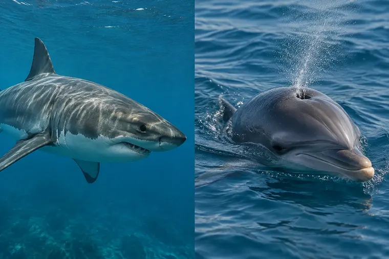 Gegenüberstellung: links Haifisch, rechts Delfin