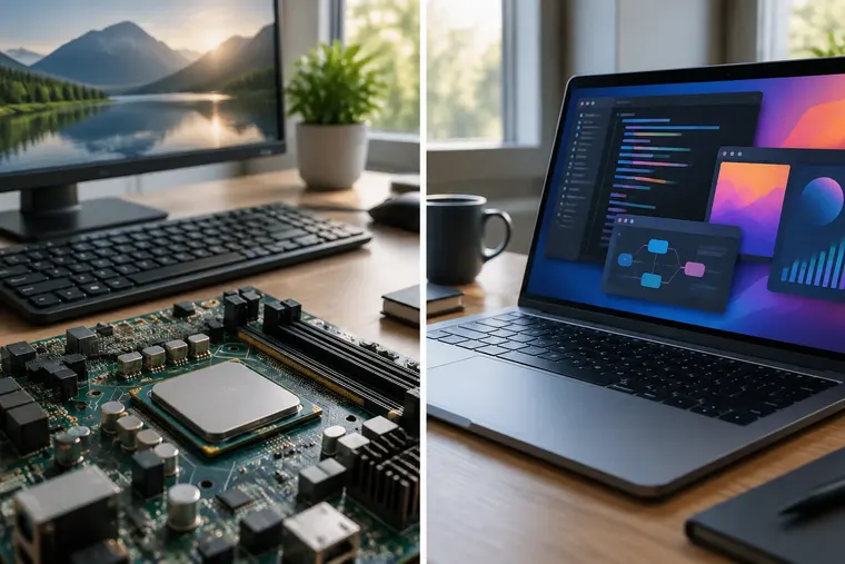 Gegenüberstellung: links Hardware, rechts Software