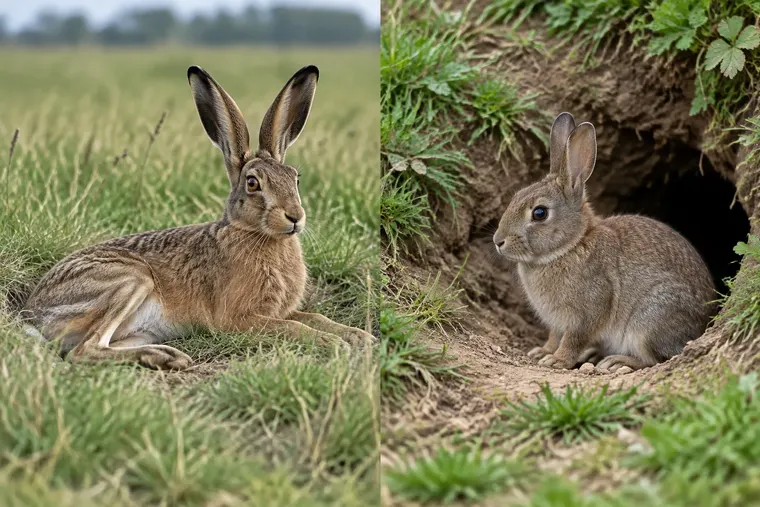 Gegenüberstellung: links Hase, rechts Kaninchen