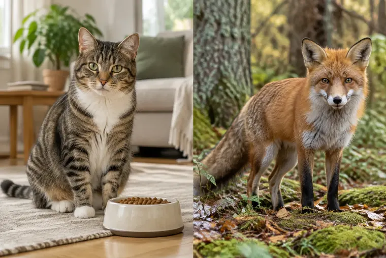 Gegenüberstellung: links Haustier, rechts Wildtier