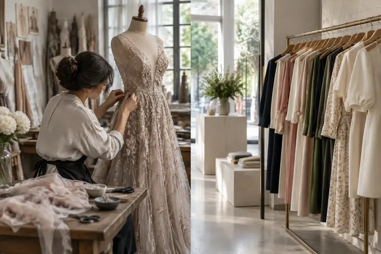 Gegenüberstellung: links Haute Couture, rechts Prêt-à-porter