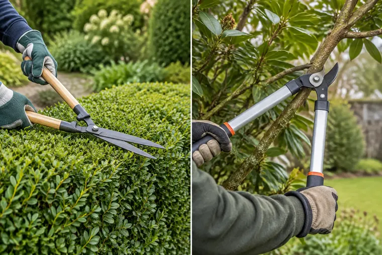 Gegenüberstellung: links Heckenschere, rechts Astschere