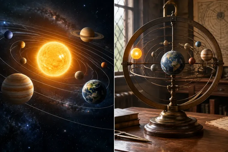 Gegenüberstellung: links heliozentrisches Modell, rechts geozentrisches Modell