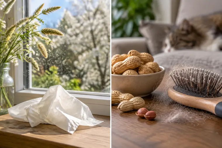 Gegenüberstellung: links Heuschnupfen, rechts Allergie