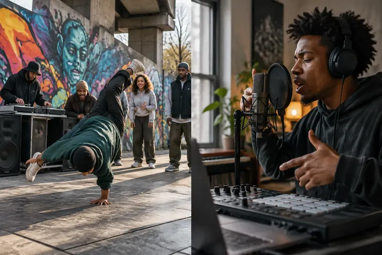Gegenüberstellung: links Hip-Hop, rechts Rap