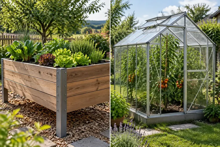 Gegenüberstellung: links Hochbeet, rechts Gewächshaus