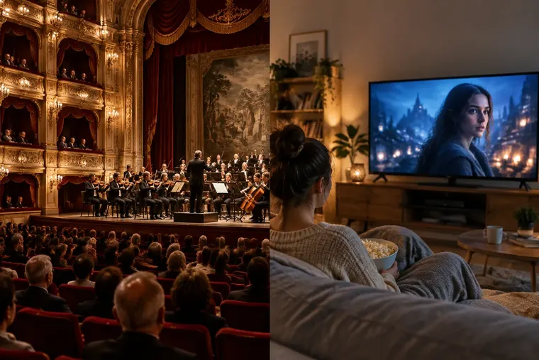 Gegenüberstellung: links Hochkultur, rechts Popkultur