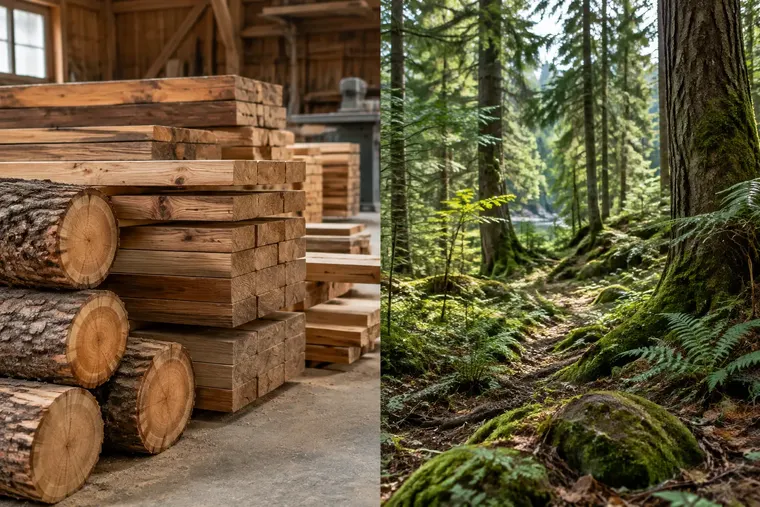 Gegenüberstellung: links Holz, rechts Wald