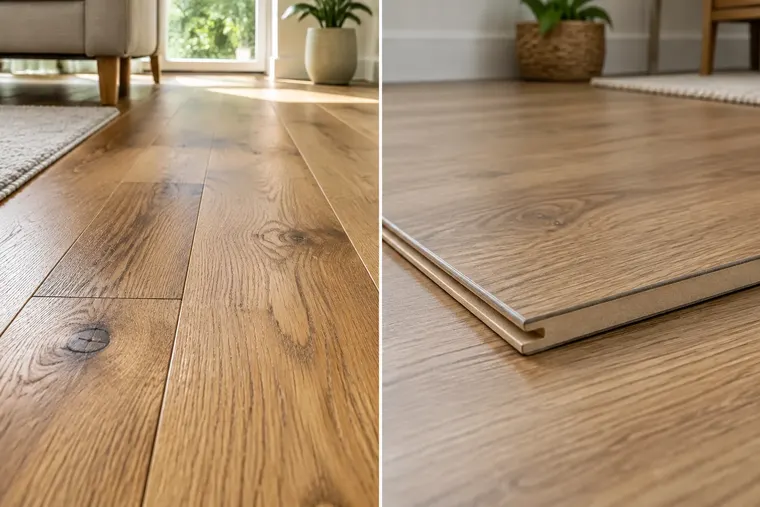 Gegenüberstellung: links Holzboden, rechts Laminat