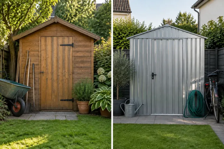Gegenüberstellung: links Holzschuppen, rechts Metallschuppen