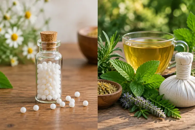 Gegenüberstellung: links Homöopathie, rechts Naturheilkunde