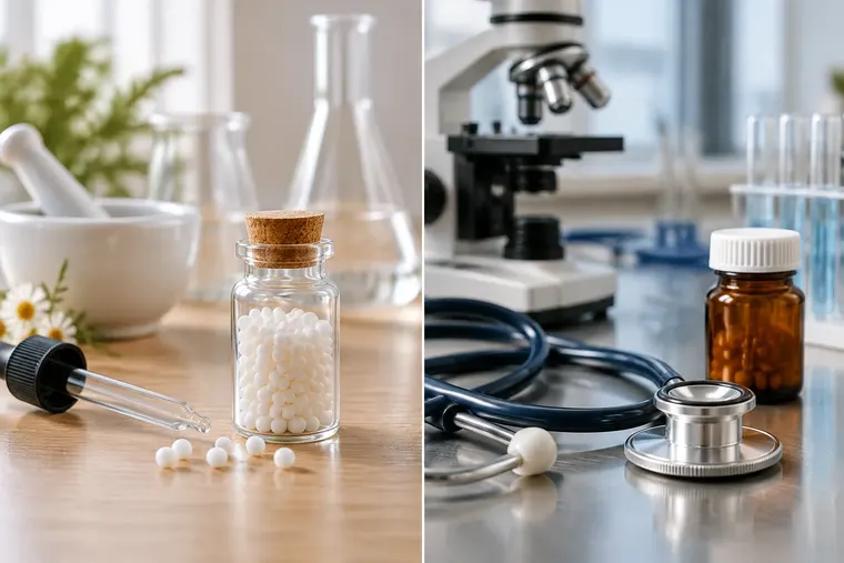 Gegenüberstellung: links Homöopathie, rechts Schulmedizin