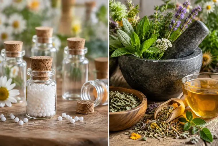 Gegenüberstellung: links Homöopathie, rechts traditionelle Medizin