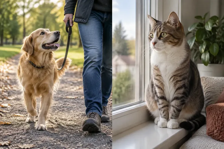 Gegenüberstellung: links Hund, rechts Katze