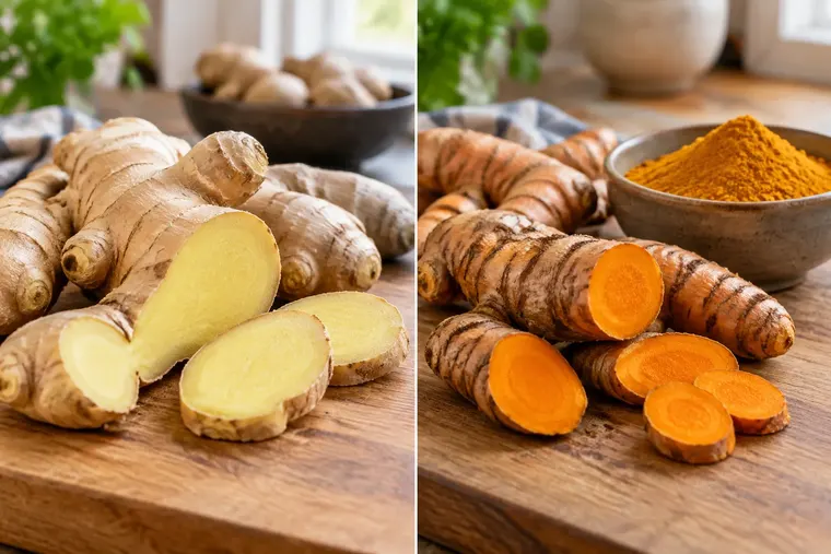 Gegenüberstellung: links Ingwer, rechts Kurkuma
