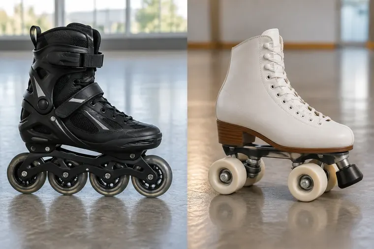 Gegenüberstellung: links Inlineskate, rechts Rollschuh