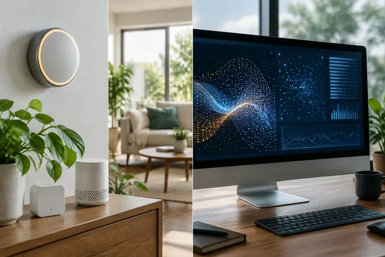 Gegenüberstellung: links Internet der Dinge (IoT), rechts künstliche Intelligenz (KI)