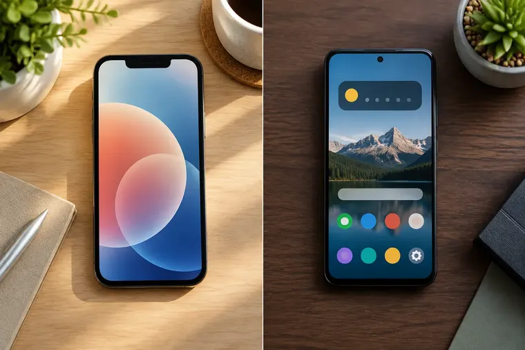 Gegenüberstellung: links iPhone, rechts Android-Handy