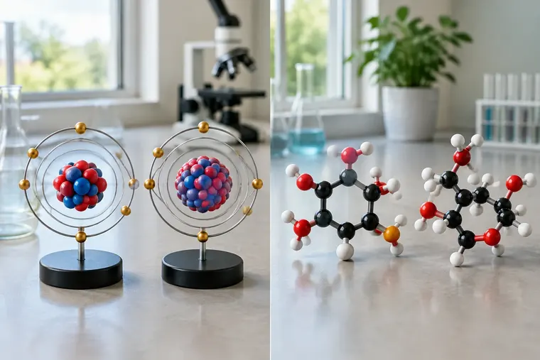 Gegenüberstellung: links Isotop, rechts Isomer