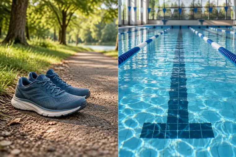 Gegenüberstellung: links Joggen, rechts Schwimmen