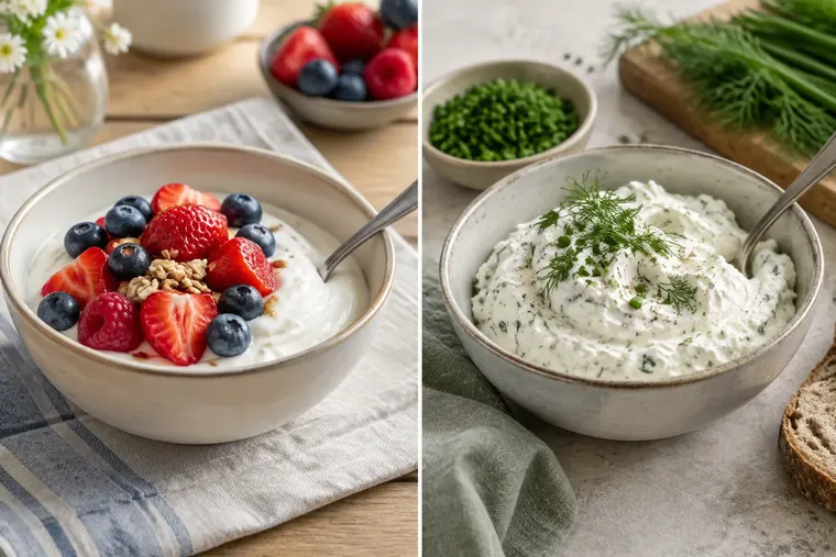 Gegenüberstellung: links Joghurt, rechts Quark