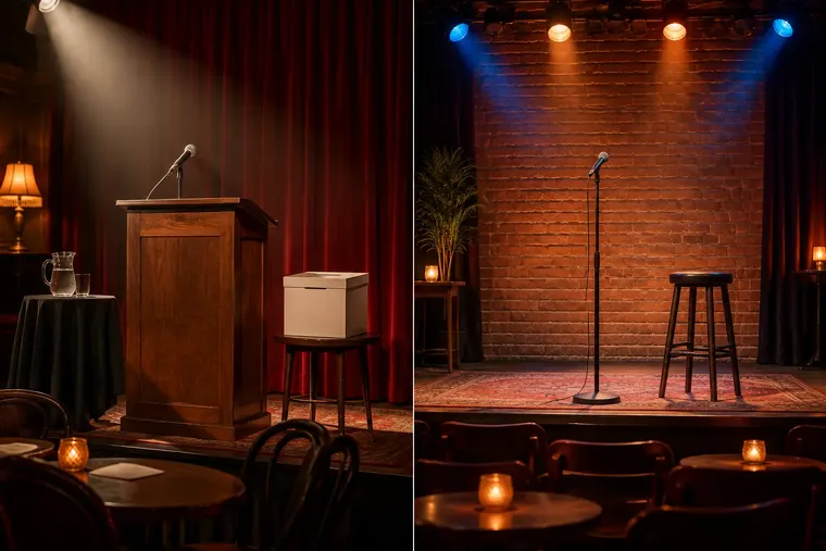 Gegenüberstellung: links Kabarett, rechts Comedy