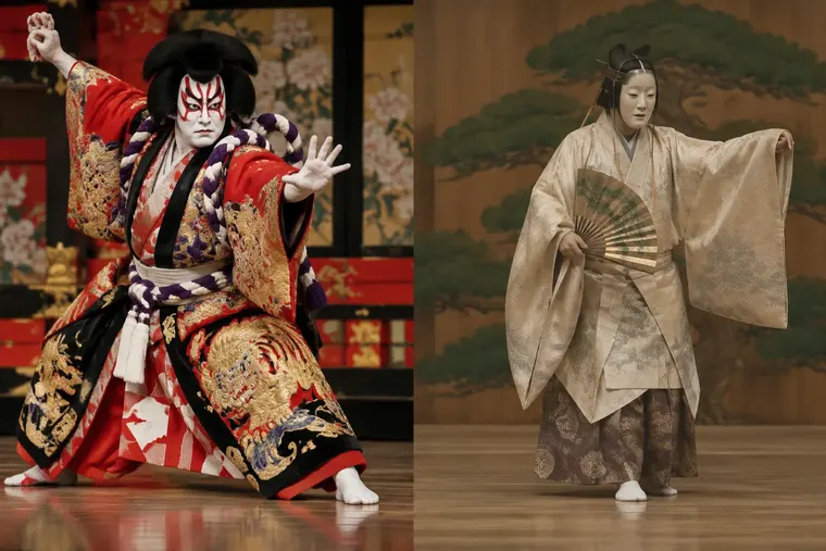 Gegenüberstellung: links Kabuki, rechts Noh-Theater