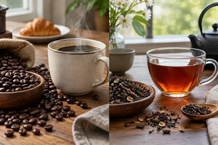 Gegenüberstellung: links Kaffee, rechts Tee