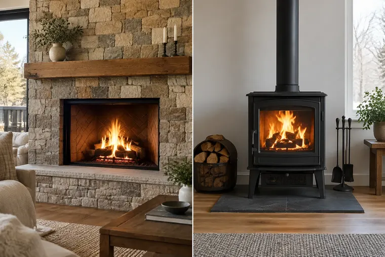 Gegenüberstellung: links Kamin, rechts Kaminofen