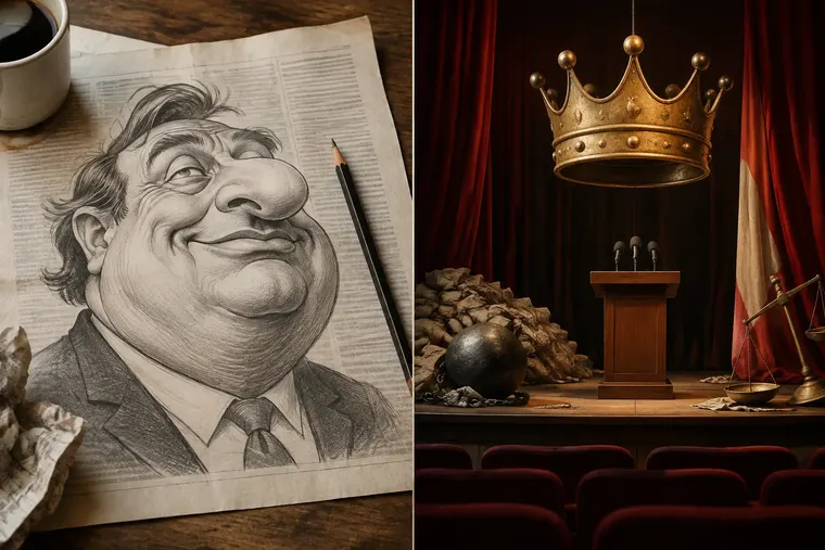Gegenüberstellung: links Karikatur, rechts Satire