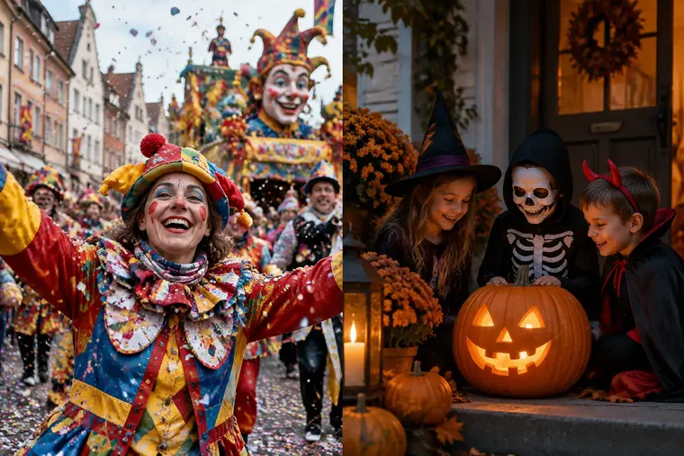 Gegenüberstellung: links Karneval, rechts Halloween