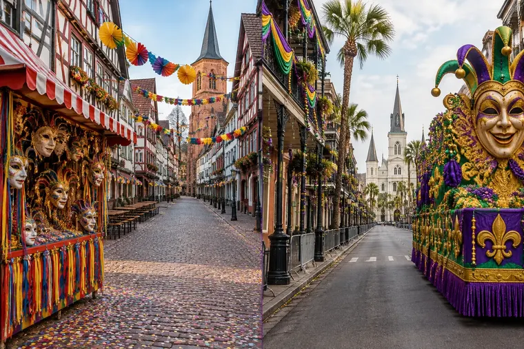 Gegenüberstellung: links Karneval, rechts Mardi Gras