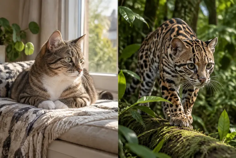Gegenüberstellung: links Katze, rechts Ozelot