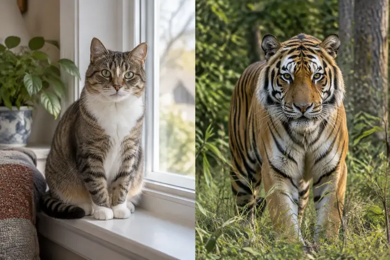 Gegenüberstellung: links Katze, rechts Tiger