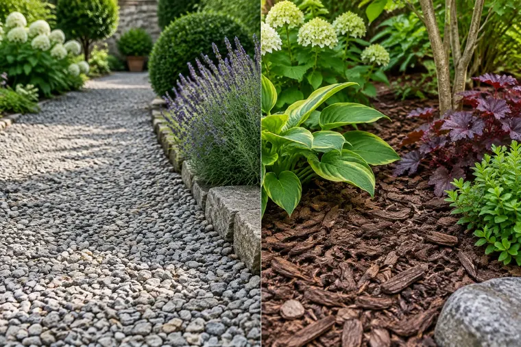 Gegenüberstellung: links Kies, rechts Mulch