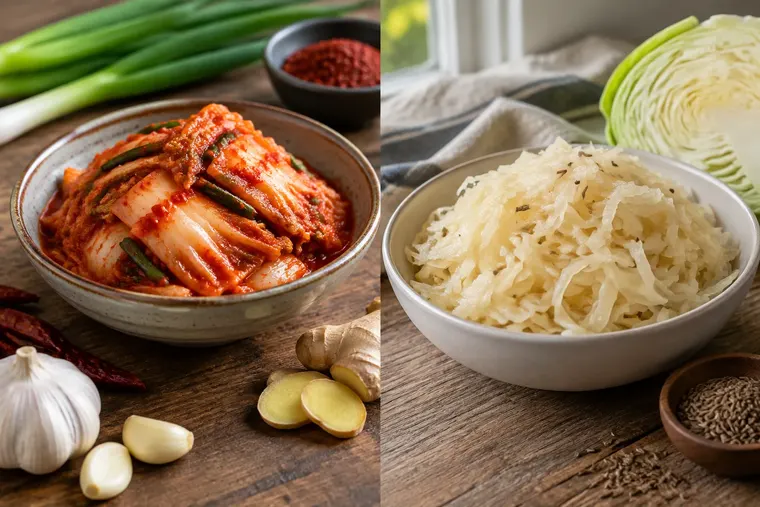 Gegenüberstellung: links Kimchi, rechts Sauerkraut