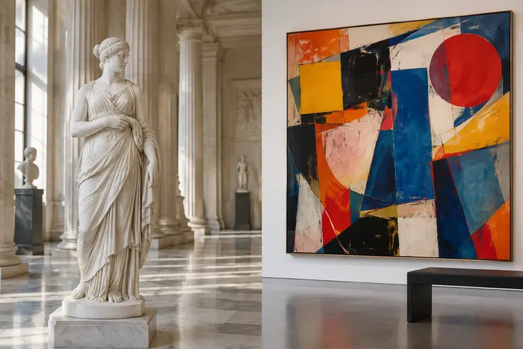 Gegenüberstellung: links klassische Kunst, rechts moderne Kunst