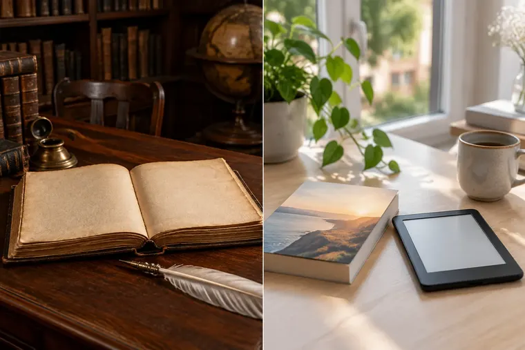 Gegenüberstellung: links klassische Literatur, rechts moderne Literatur
