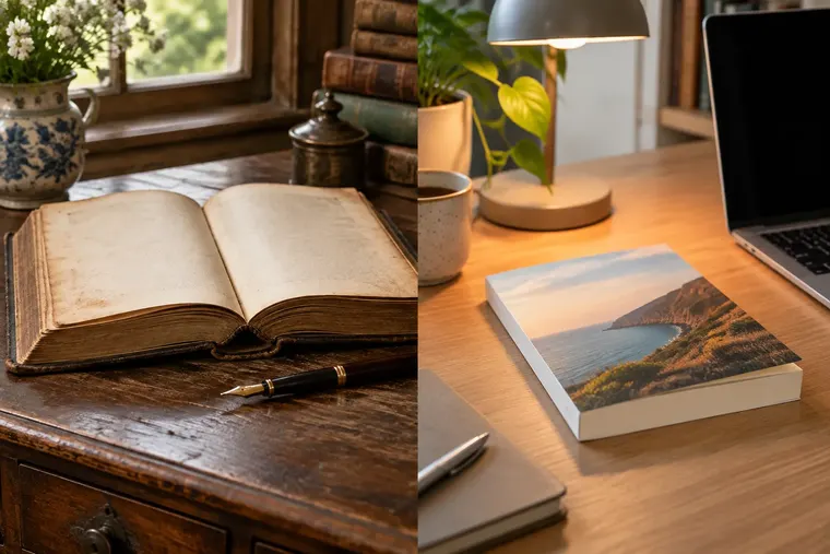 Gegenüberstellung: links klassische Literatur, rechts zeitgenössische Literatur