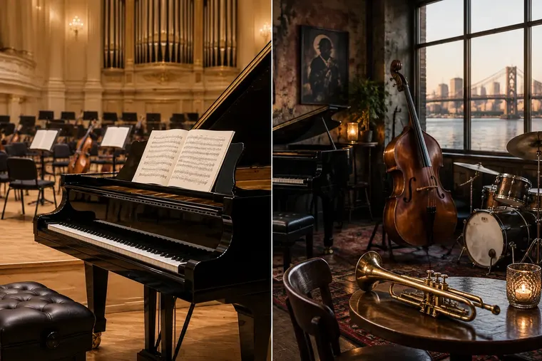 Gegenüberstellung: links klassische Musik, rechts Jazz