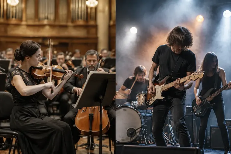 Gegenüberstellung: links klassische Musik, rechts Rockmusik