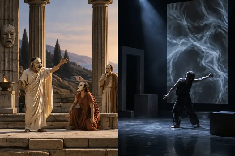 Gegenüberstellung: links klassisches Theater, rechts modernes Theater