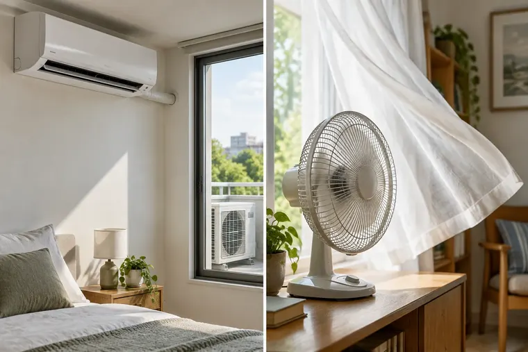 Gegenüberstellung: links Klimaanlage, rechts Ventilator
